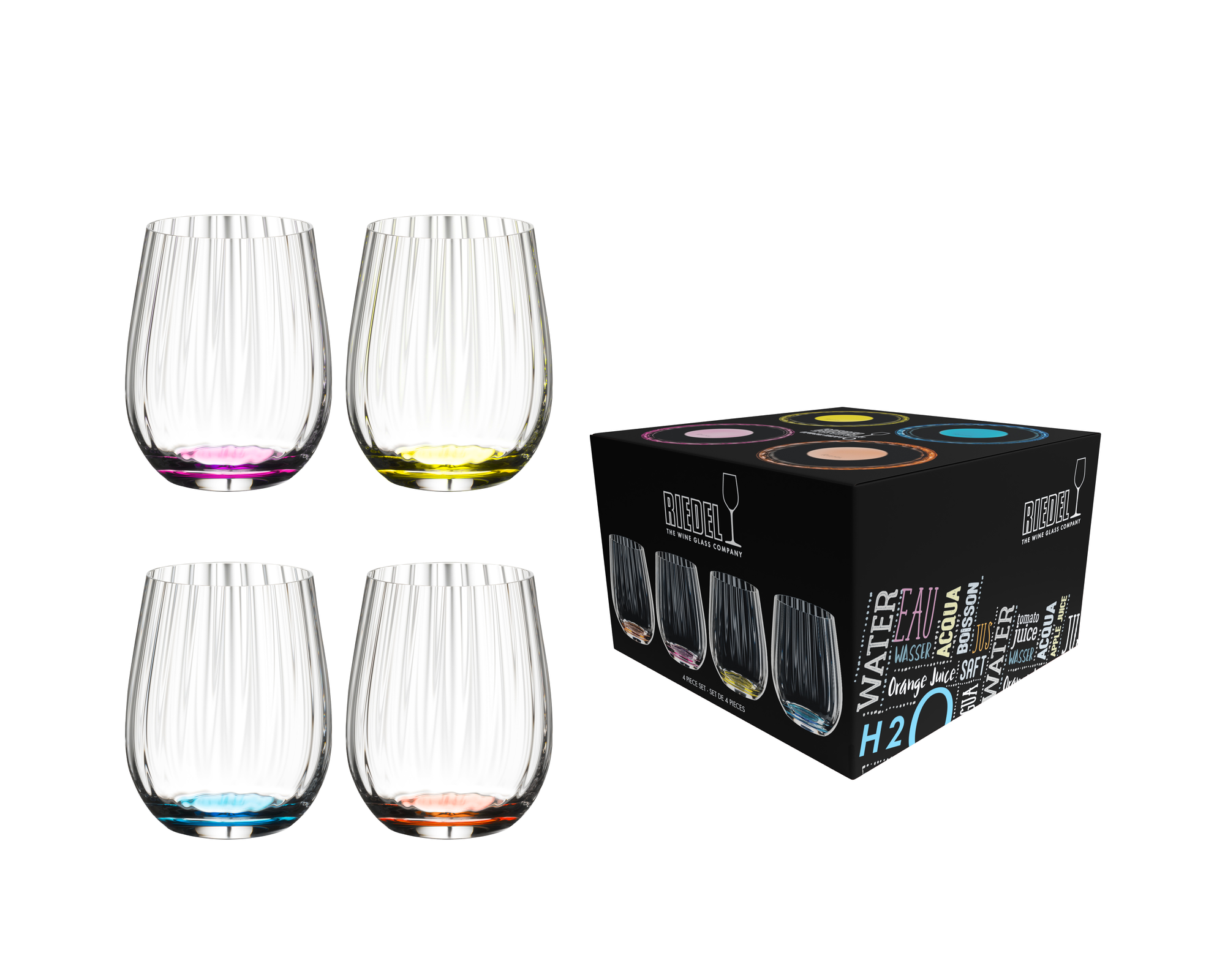 RIEDEL The O Wine Tumbler Happy "O" Optic - Azure-Blue, Yellow, Pink, and Cinnabar-Red